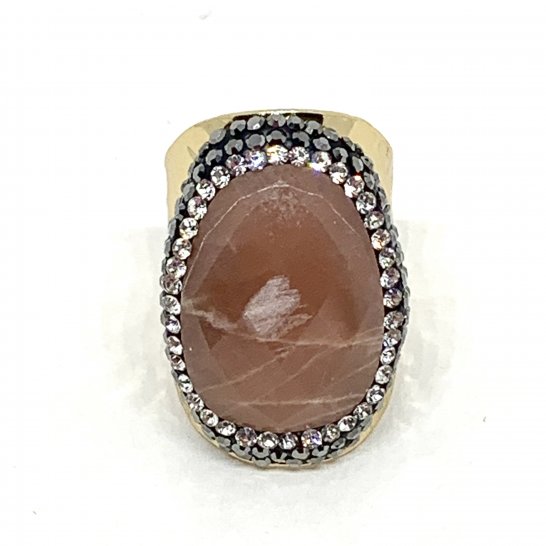 PEACH AGATE GOLD RHINESTONE RING